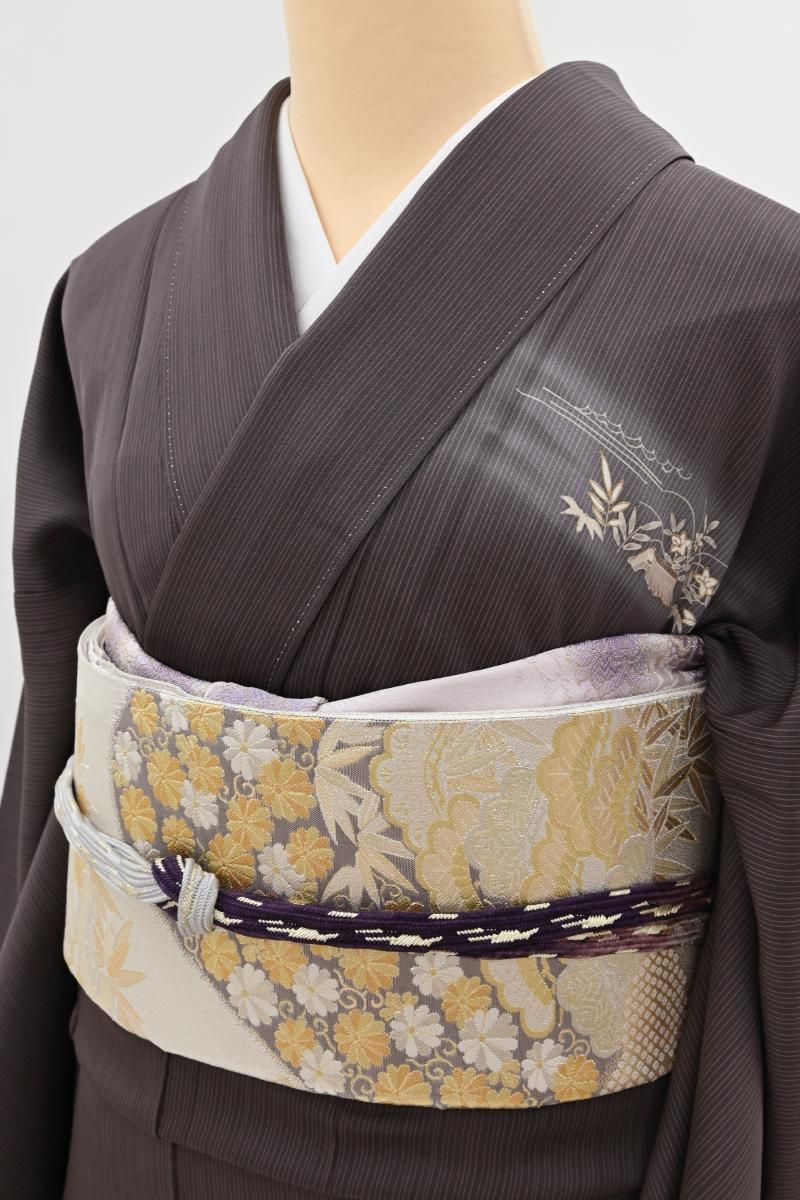 銀座【L-8482】袋帯 銀色 遠山に松竹梅や菊など（落款入） - 銀座