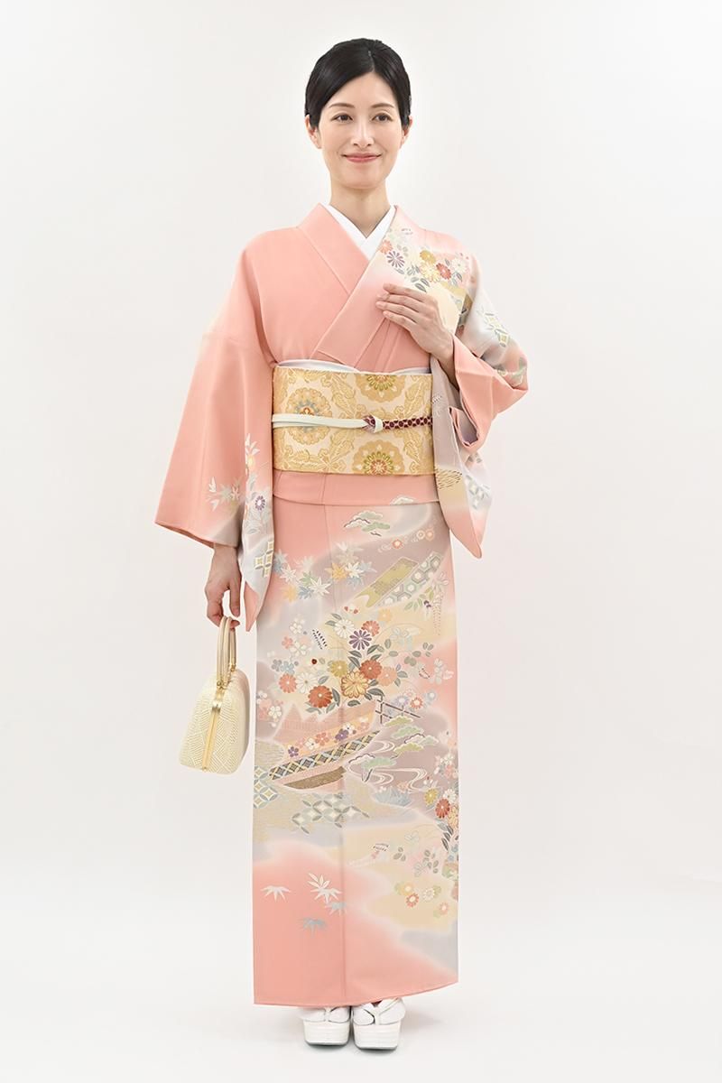 銀座【B-4277】訪問着 鴇色 霞暈かしに四季花文（松坂屋扱い） :身丈