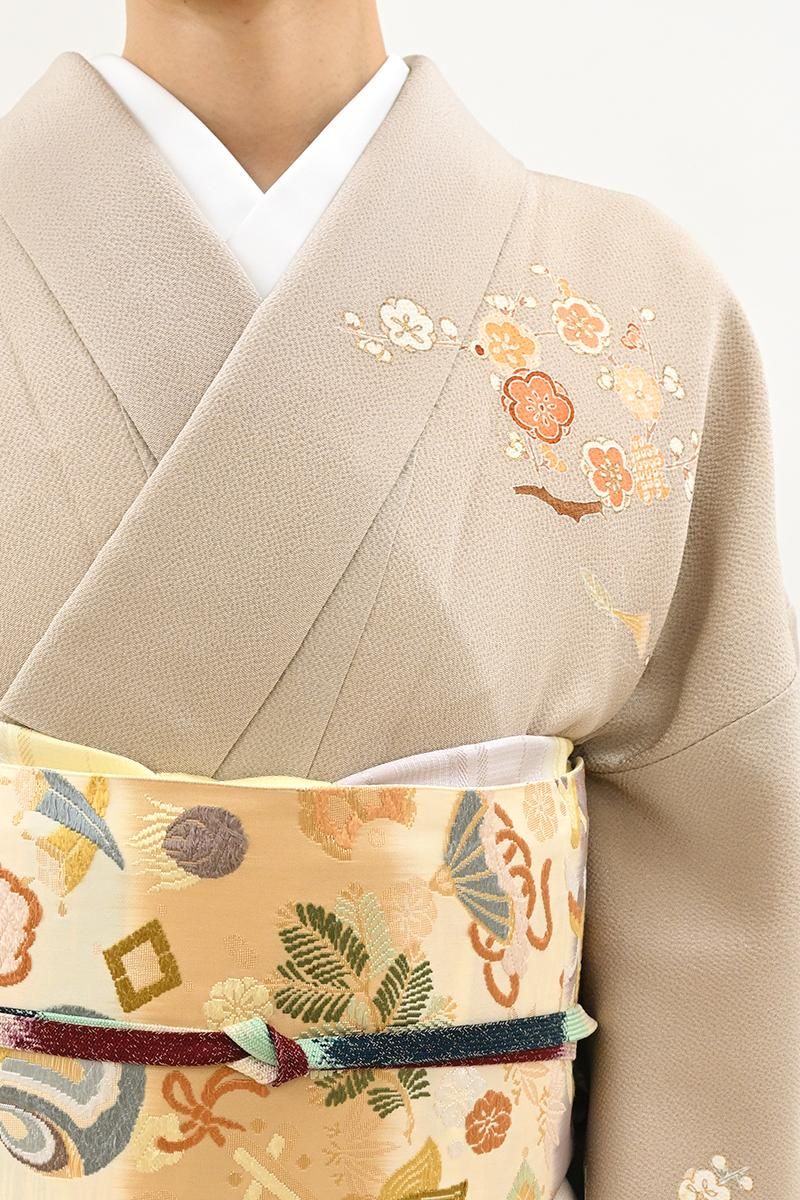 銀座【B-4282】縮緬地 訪問着 素色 梅に吹き寄せ文（西武扱い） :身丈
