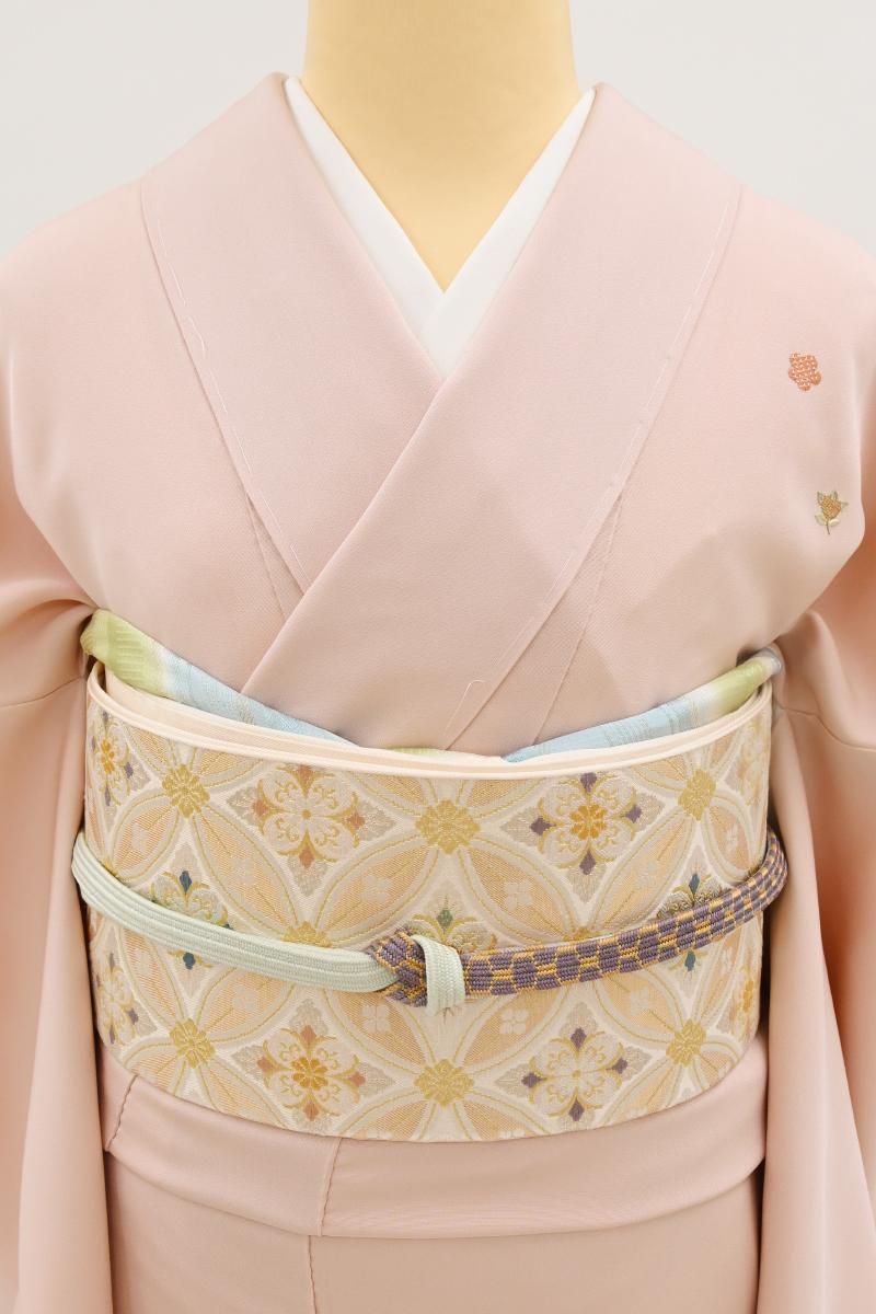 銀座【L-8528】本袋帯 薄香色 七宝繋ぎ花菱文 - 銀座きもの青木｜長く