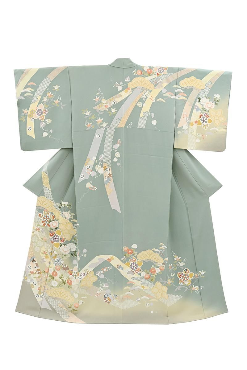 銀座【B-4335】訪問着 錆青磁色 四季花の図 :身丈159/裄66.5 - 銀座