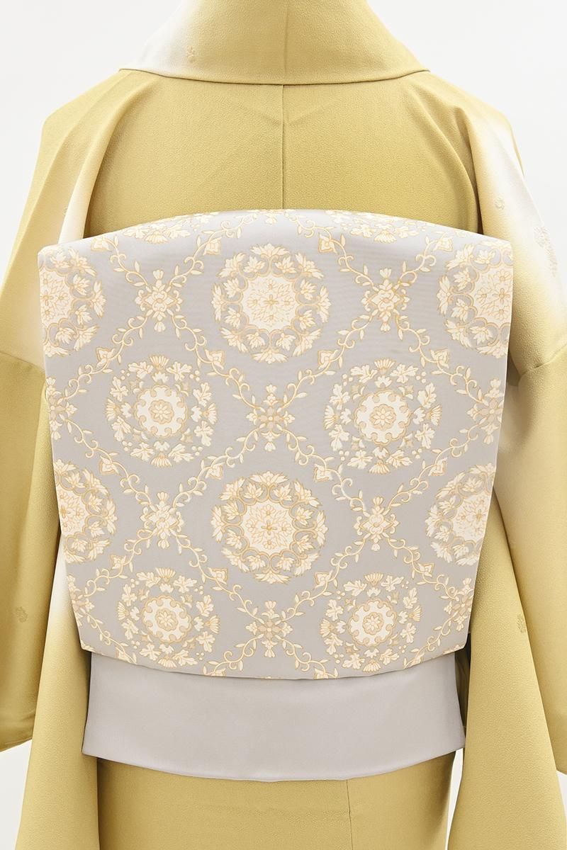 銀座【H-0824】染名古屋帯 淡い桜鼠色 装飾花文 - 銀座きもの青木