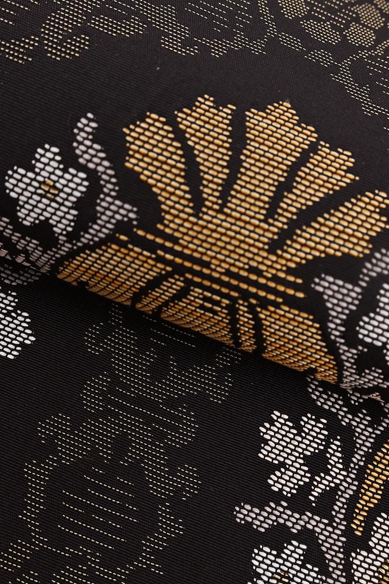 銀座【H-0823】西陣 帯屋捨松製 織名古屋帯 黒色 ザクロ花文（証紙付