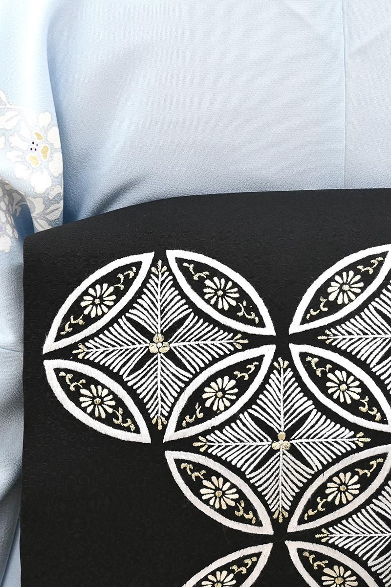 銀座【H-0804】貴久樹製 刺繍 名古屋帯 黒色 七宝繋ぎ文 - 銀座きもの