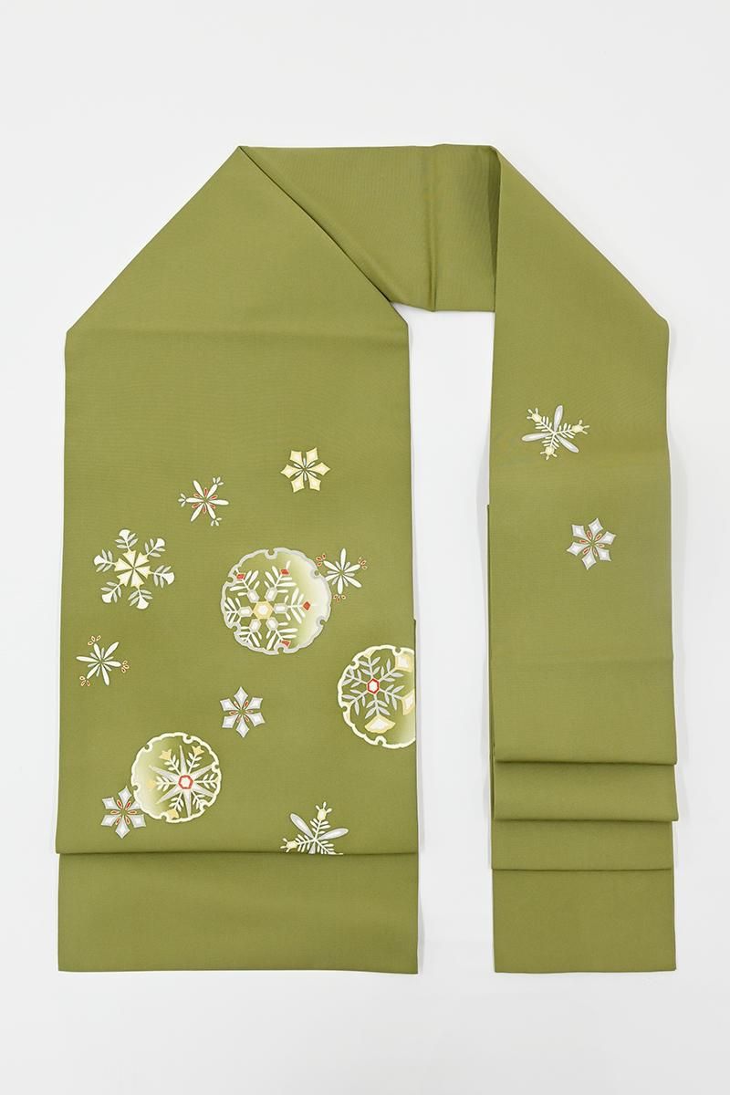 銀座【H-0809】塩瀬地 染名古屋帯 香櫞緑色 雪輪に雪花文 - 銀座きもの