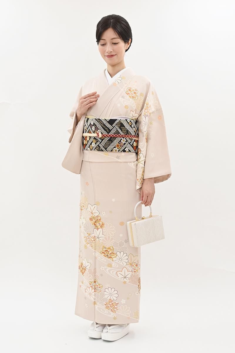 銀座【B-4300】訪問着 淡い灰桜色 流水に桜や楓など（ますいわ屋扱い