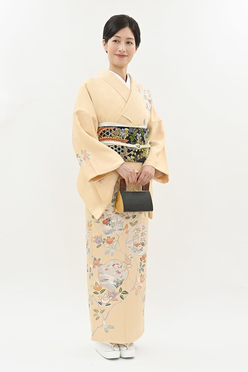 銀座【B-4301】訪問着 クリーム色 橘文 :身丈163/裄69 - 銀座きもの