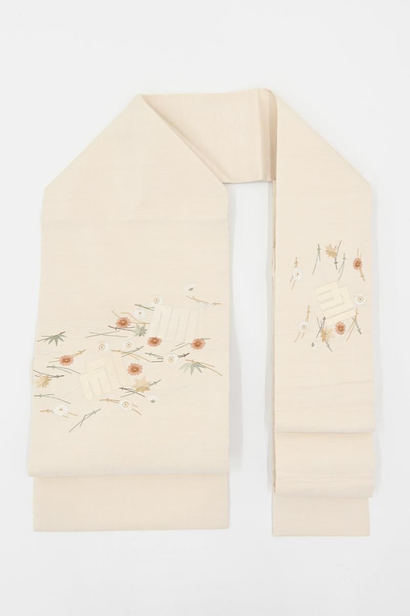 銀座【H-0840】紬地 刺繍 名古屋帯 生成色 源氏香に吹き寄せ文 - 銀座