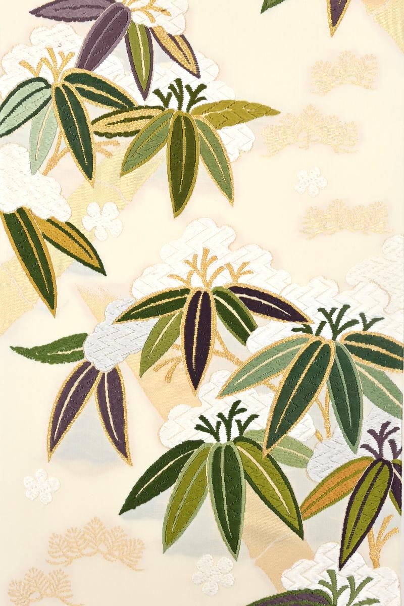 銀座【帯5807】西陣 織文意匠鈴木製 唐綾錦 袋帯 白色「雪中若竹文様