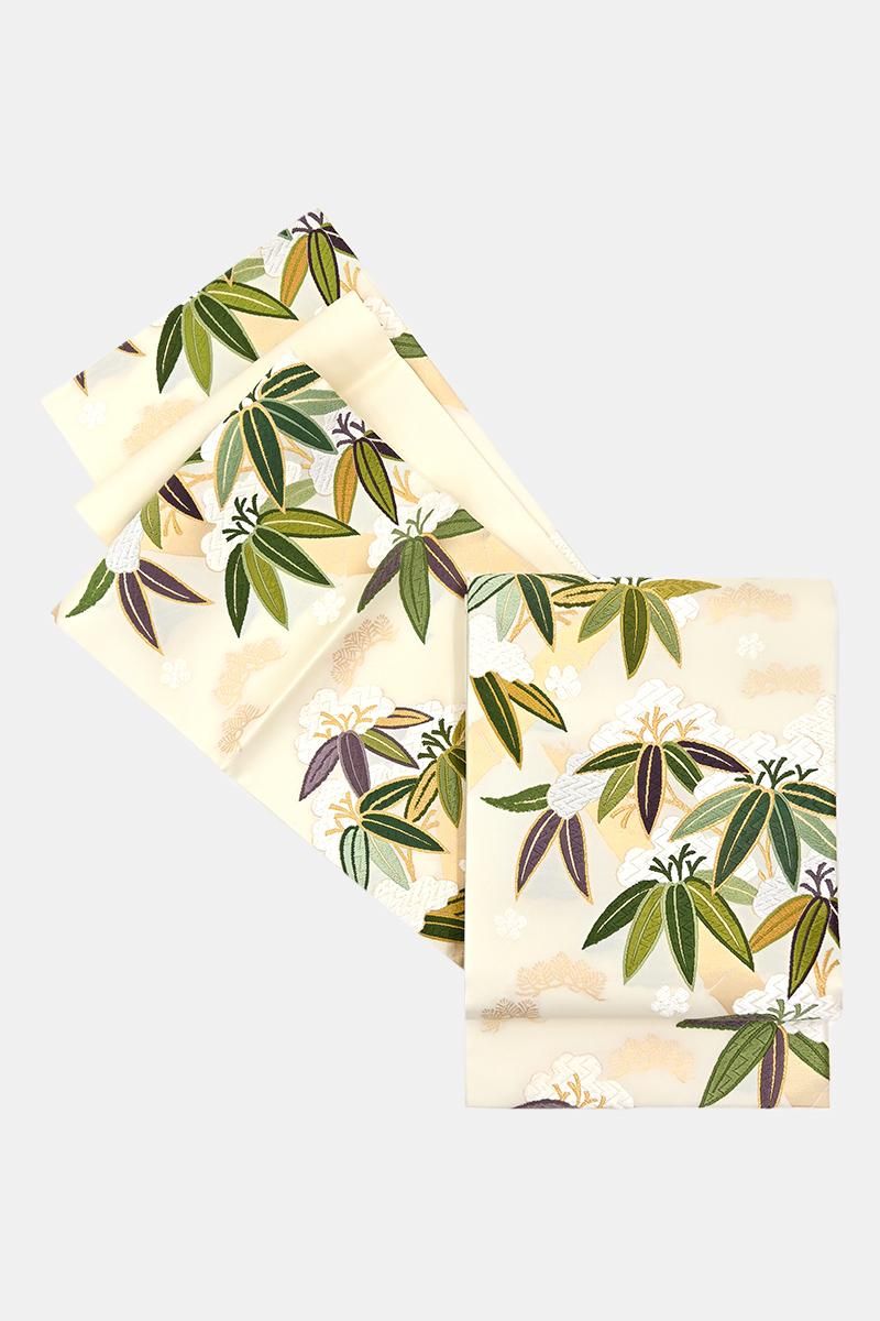 銀座【帯5807】西陣 織文意匠鈴木製 唐綾錦 袋帯 白色「雪中若竹文様