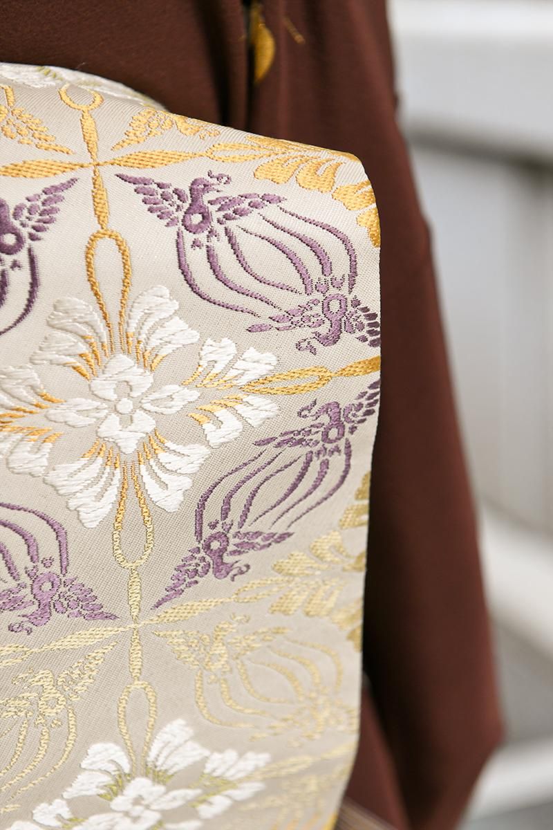 銀座【帯5820】帯匠誉田屋製 袋帯 薄香色 鳥襷文 - 銀座きもの青木