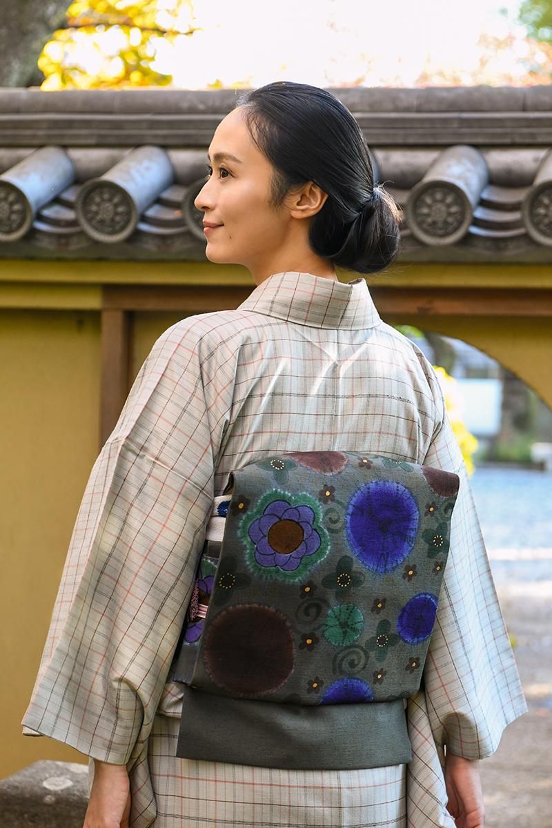 銀座【帯5816】山本由季作 紬地 染名古屋帯（落款入紙札付） - 銀座