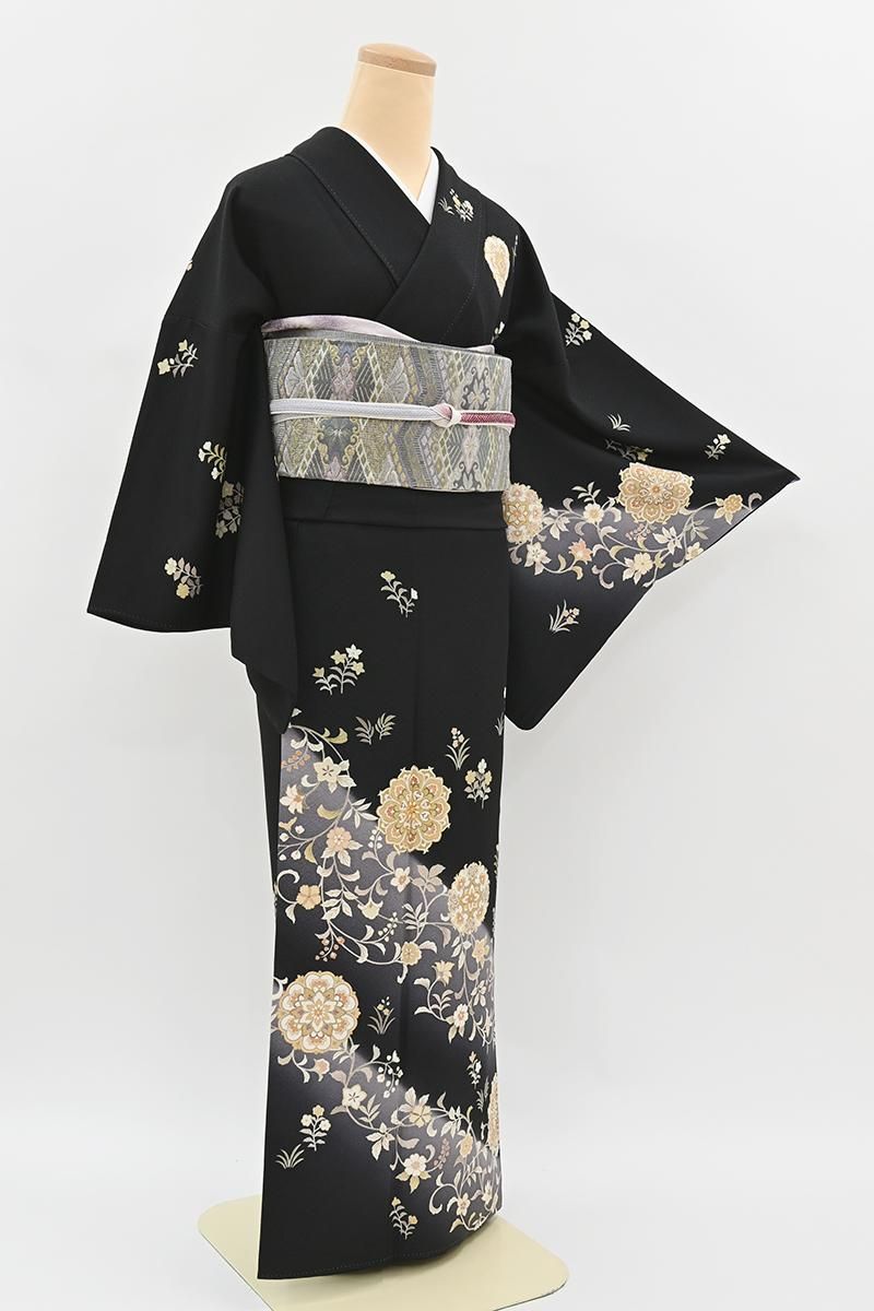 銀座【B-4339】染匠 久保耕製 訪問着 黒色 斜め暈かしに華文や花唐草