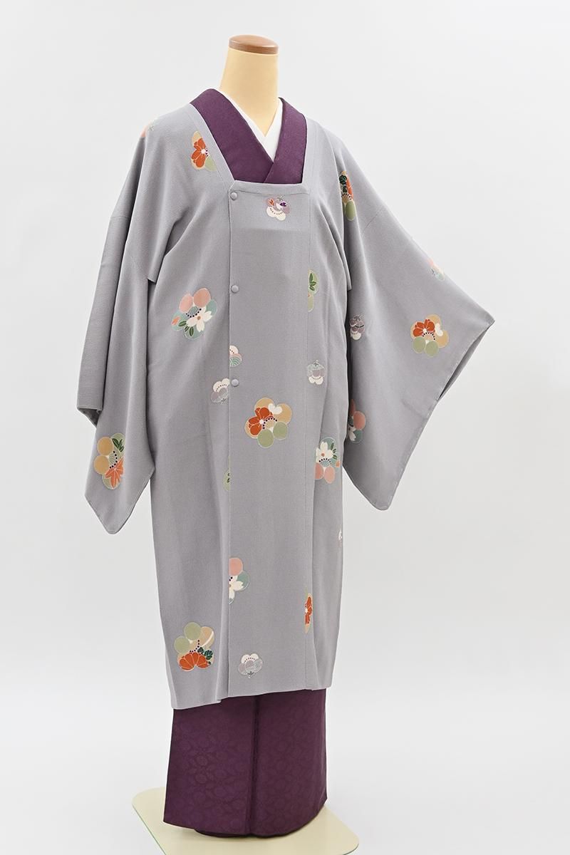 銀座【E-2360】縮緬地 道行コート 霞色 花文 :身丈105/裄67 - 銀座