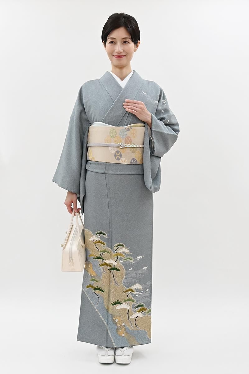 銀座【B-4346】松井青々作 訪問着 沈香茶色 波に松の図（落款入）:身丈