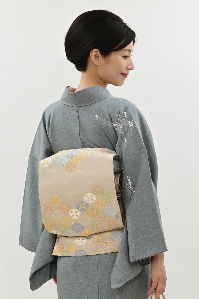 銀座【L-8558】袋帯 白茶色 雪輪七宝文 - 銀座きもの青木｜長く大切に