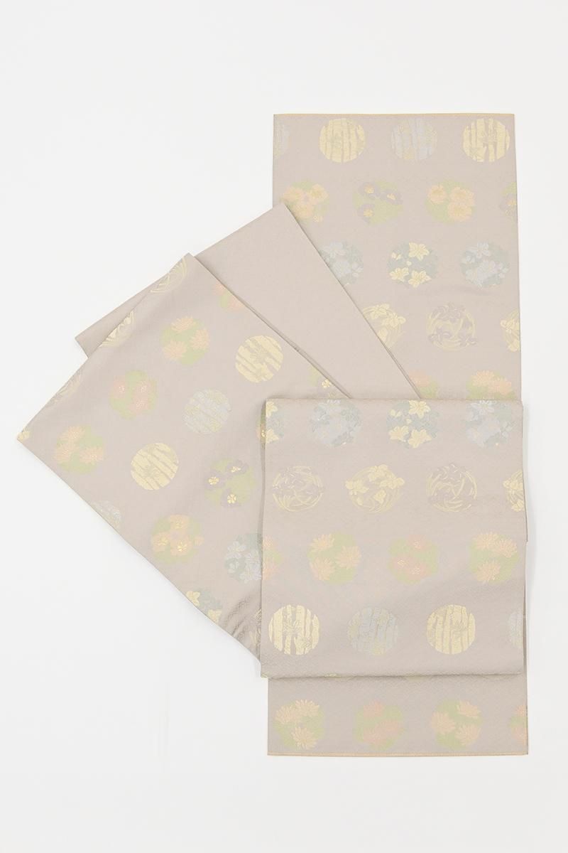 銀座【L-8585】西陣 陰山織物製 箔屋清兵衛 袋帯 淡い嵯峨鼠色 四季花