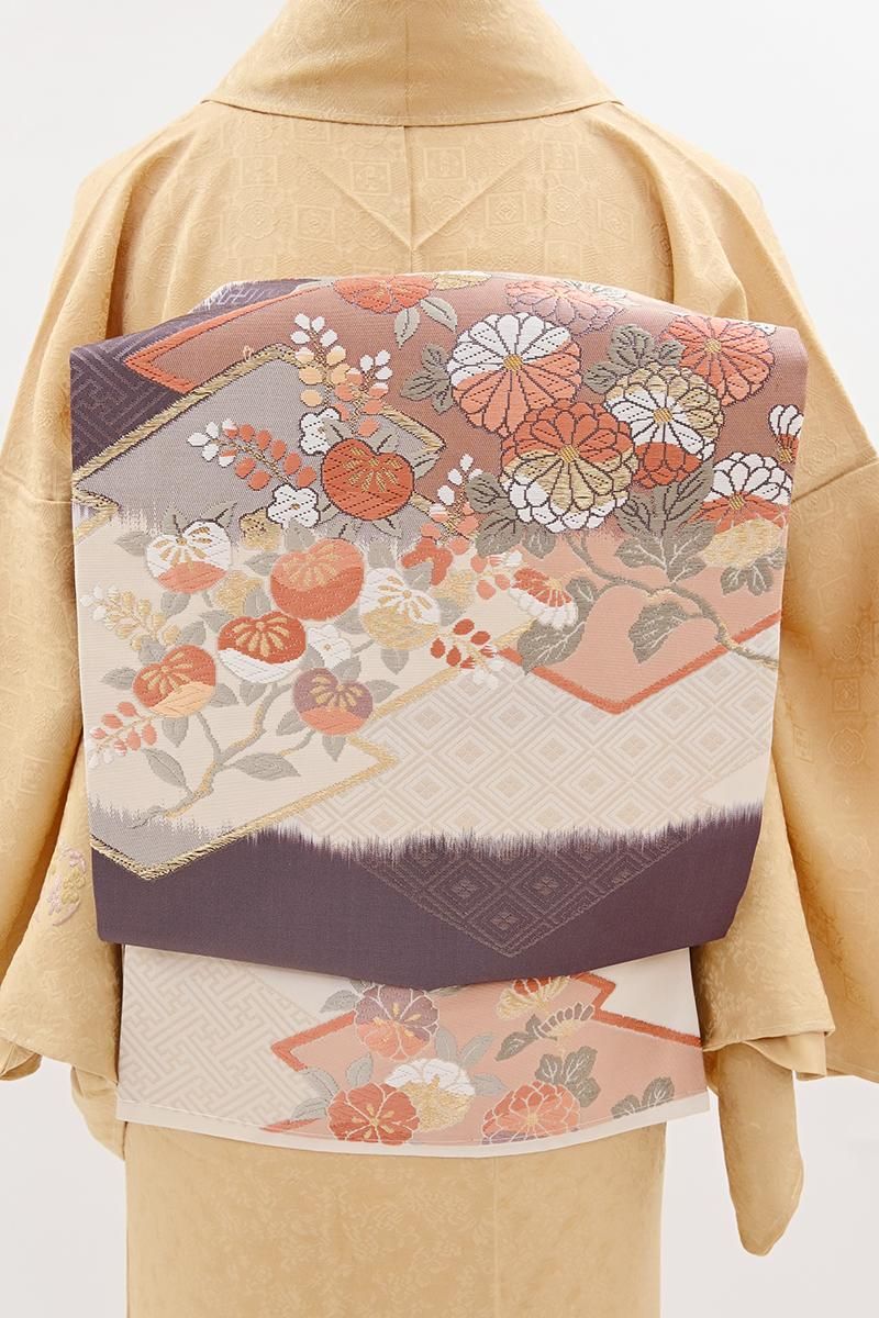 銀座【H-0875】織名古屋帯 白練色×二人静色 松皮菱に四季花文 - 銀座