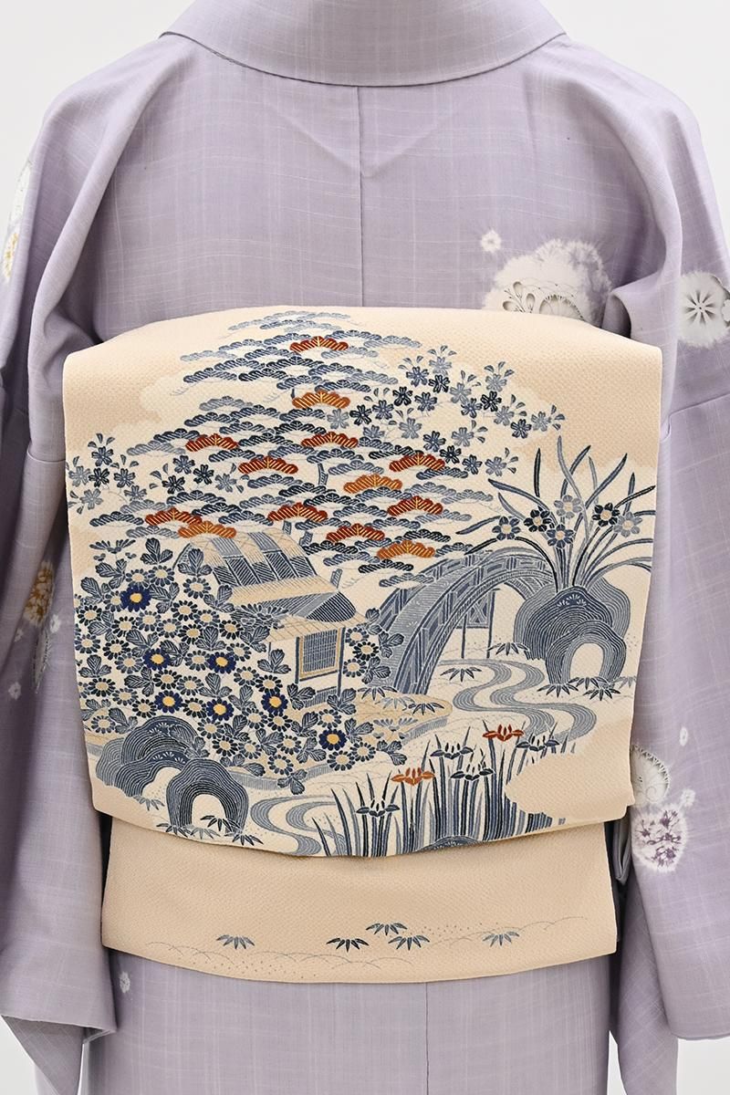 銀座【H-0877】縮緬地 開き染名古屋帯 淡い桑染色 風景文 - 銀座きもの