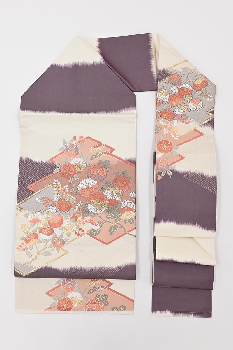 銀座【H-0875】織名古屋帯 白練色×二人静色 松皮菱に四季花文 - 銀座