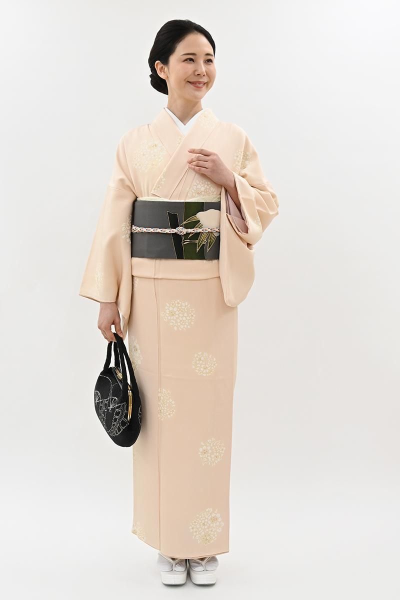 銀座【D-3962】吉澤友禅 小紋 赤白橡色 唐花の丸（反端付） :身丈159.5