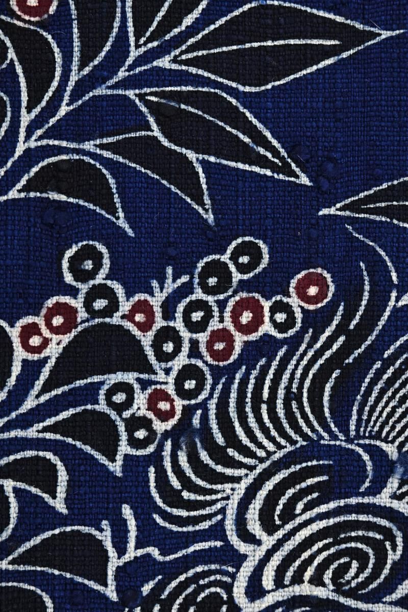 銀座【帯5855】浦野理一作 紬地 型染 名古屋帯 藍色 唐獅子の図 - 銀座