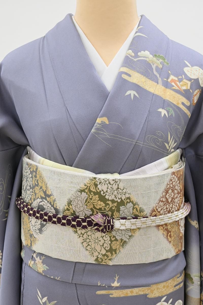 銀座【L-8603】袋帯 銀色 菱文（ますいわ屋扱い） - 銀座きもの青木