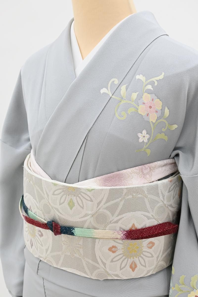 銀座【L-8634】西陣製 袋帯 銀色 七宝華文（証紙付） - 銀座きもの青木