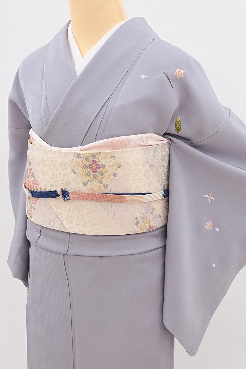 銀座【B-4379】繍一ッ紋 刺繍 付下げ 灰青色 吹き寄せ文（高島屋扱い