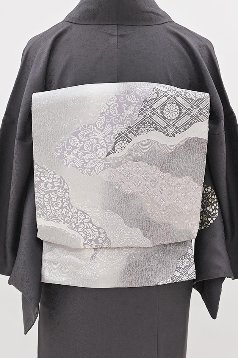 銀座【L-8628】袋帯 薄雲鼠色 道長取りに有職文（リバーシブル