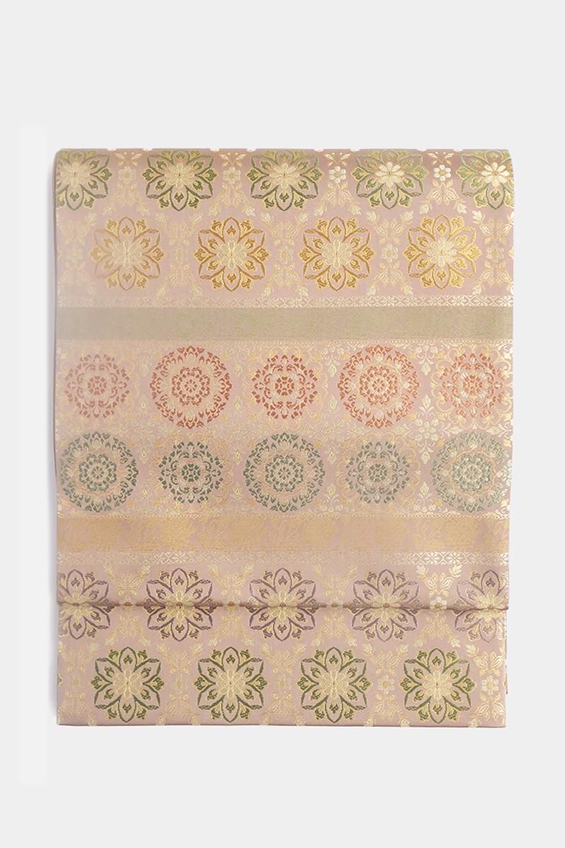 銀座【L-8609】西陣 陰山織物製 箔屋清兵衛 袋帯 淡い嵯峨鼠色 横段に