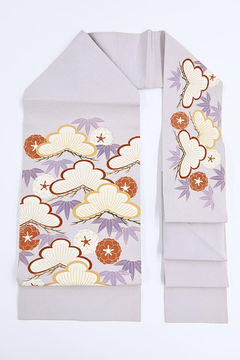 銀座【H-0897】縮緬地 染名古屋帯 牡丹鼠色 松竹梅の図 - 銀座きもの