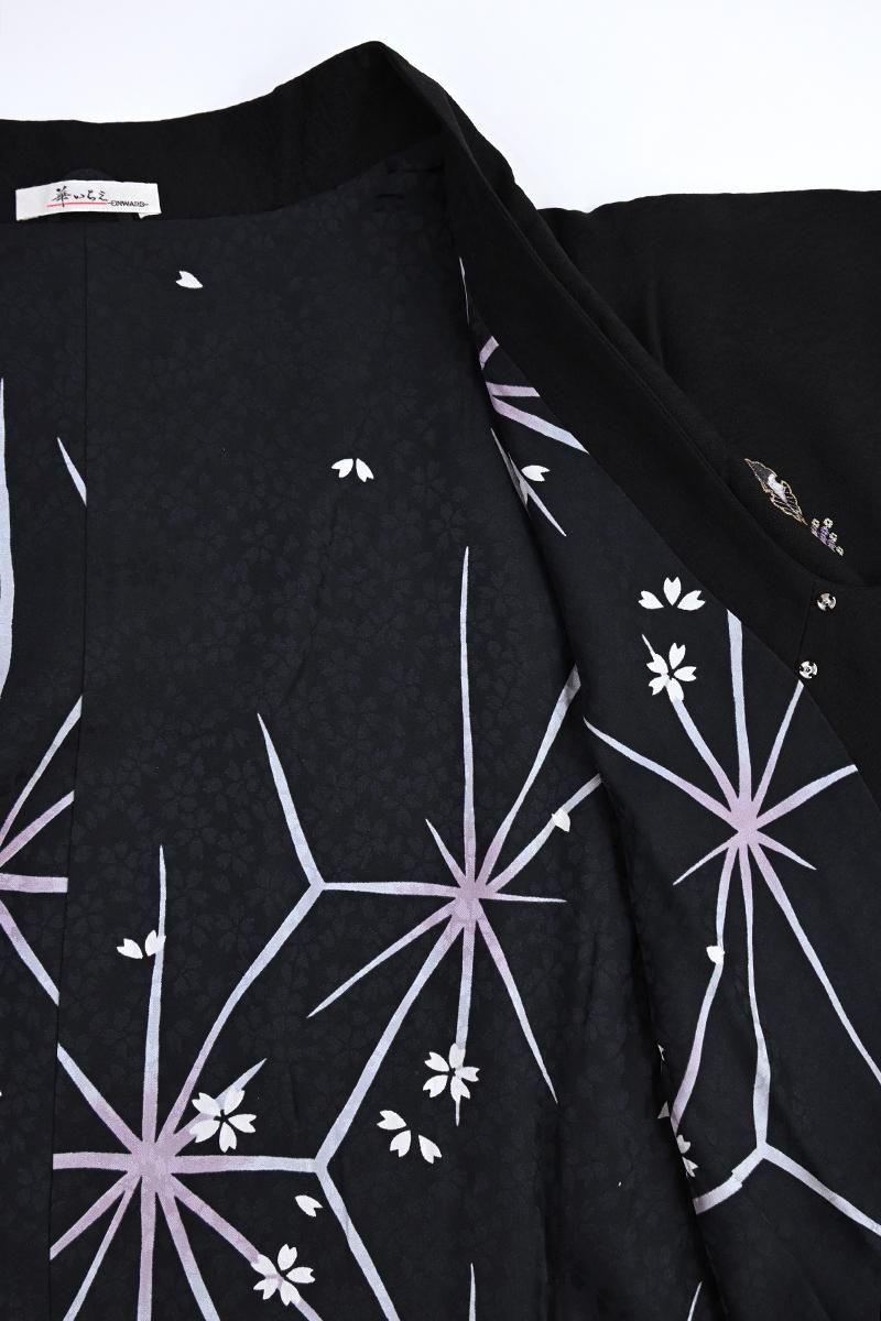 銀座【E-2391】刺繍 道行コート 黒色 雪輪に兎や花文:身丈98/裄66.5