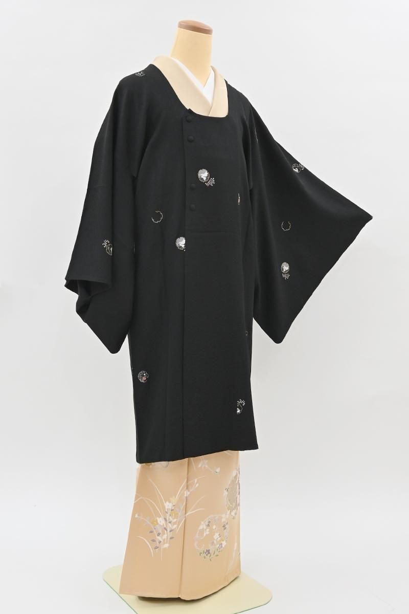 銀座【E-2391】刺繍 道行コート 黒色 雪輪に兎や花文:身丈98/裄66.5