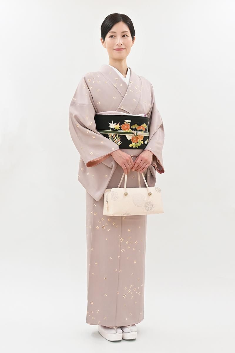 銀座【D-3970】小紋 浪花鼠色 花菱や七宝文 :身丈160.5/裄67 - 銀座