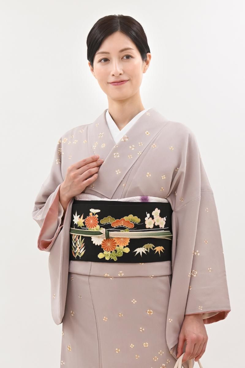 銀座【H-0893】塩瀬地 染名古屋帯 黒色 御所解文 - 銀座きもの青木