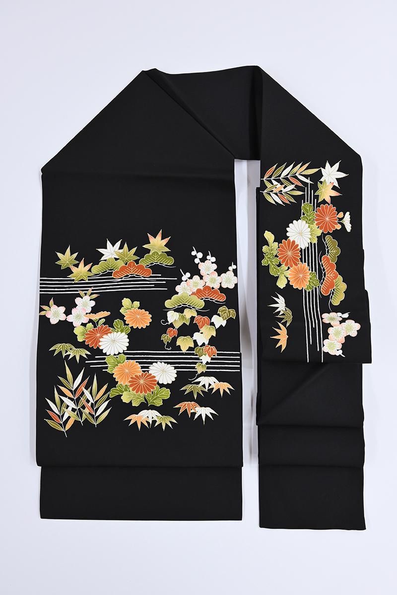 銀座【H-0893】塩瀬地 染名古屋帯 黒色 御所解文 - 銀座きもの青木