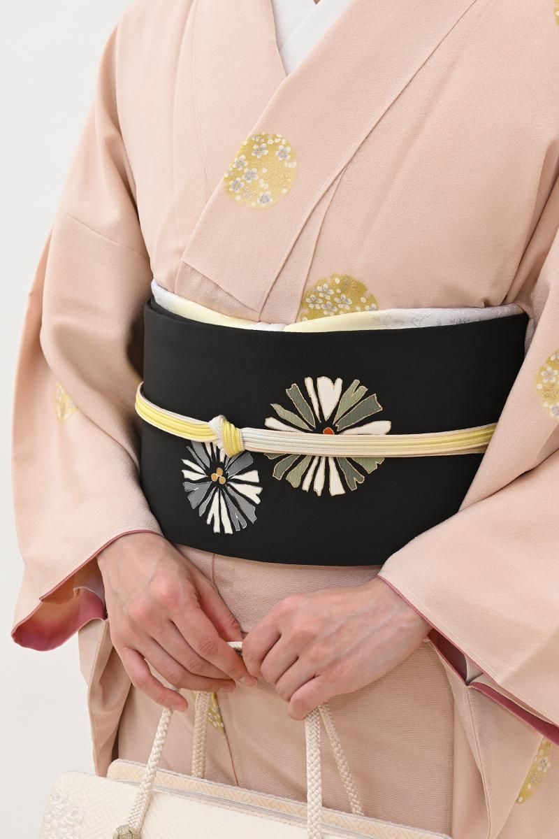 銀座【H-0899】塩瀬地 染名古屋帯 黒色 松葉文 - 銀座きもの青木｜長く