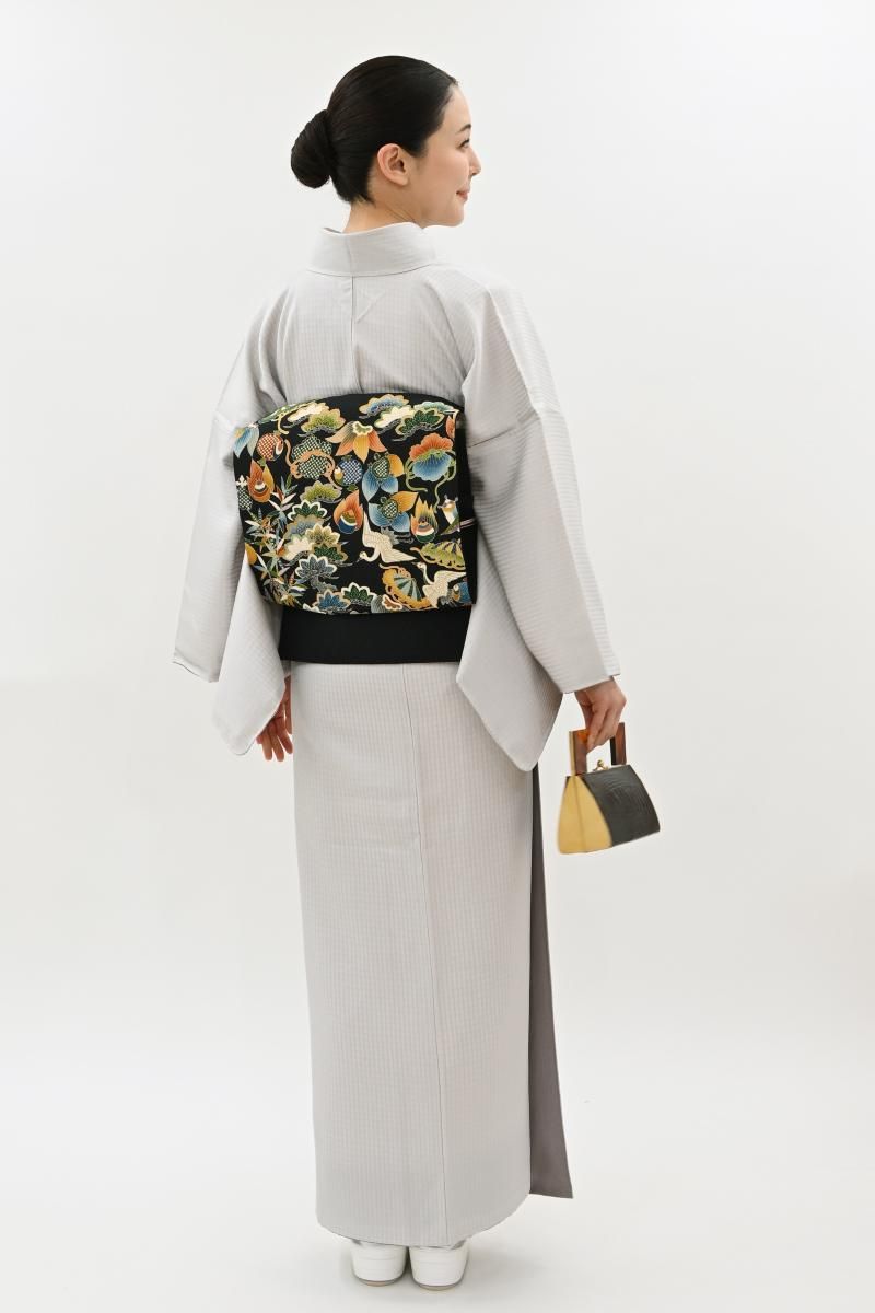 銀座【A-4198】紬 小町鼠色 格子の地紋（反端付） :身丈164.5/裄69.5