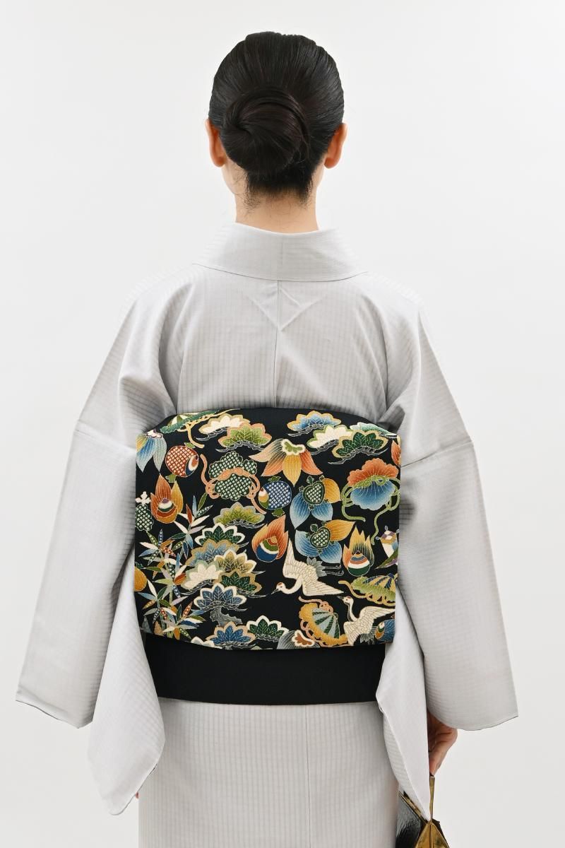 銀座【H-0917】縮緬地 染名古屋帯 黒色 吉祥文 - 銀座きもの青木｜長く