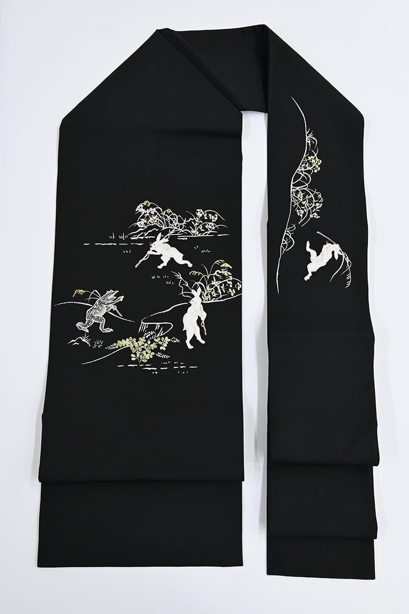 銀座【H-0935】塩瀬地 染名古屋帯 黒色 鳥獣戯画図 - 銀座きもの青木