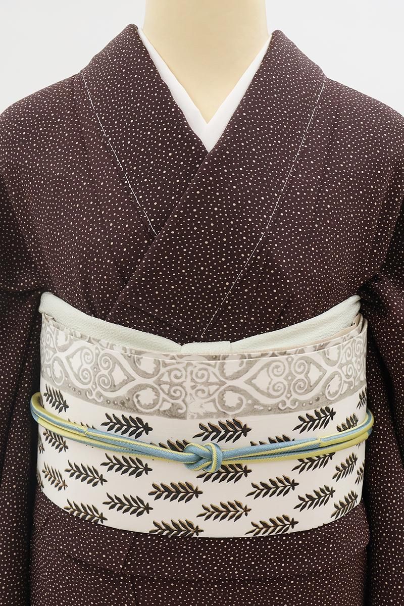 銀座【L-8667】貴久樹製 紬地 洒落袋帯 白練色 更紗文（反端付