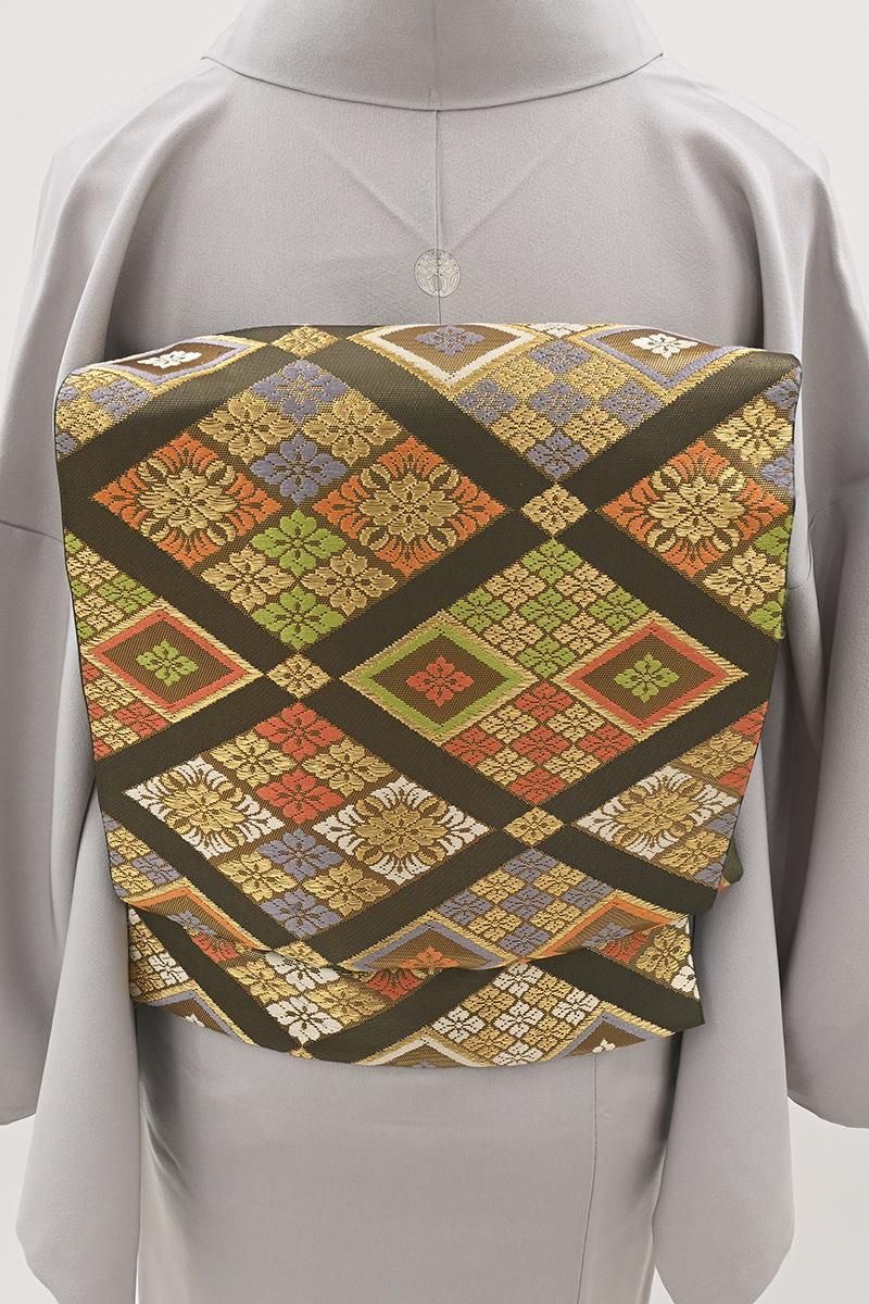 銀座【L-8699】西陣 川島織物製 本袋帯 海松茶色 花菱文（落款入