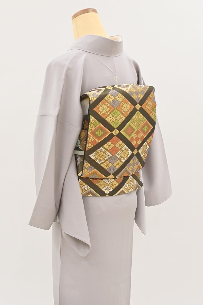 銀座【L-8699】西陣 川島織物製 本袋帯 海松茶色 花菱文（落款入