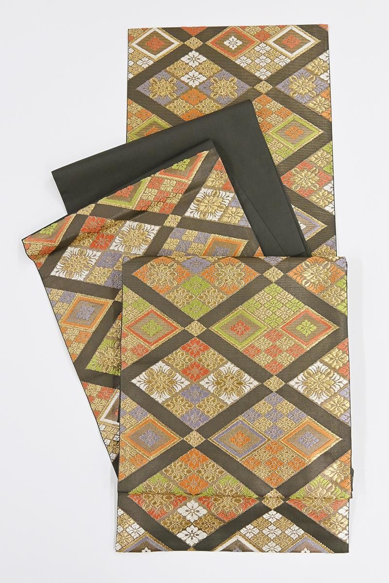 銀座【L-8699】西陣 川島織物製 本袋帯 海松茶色 花菱文（落款入