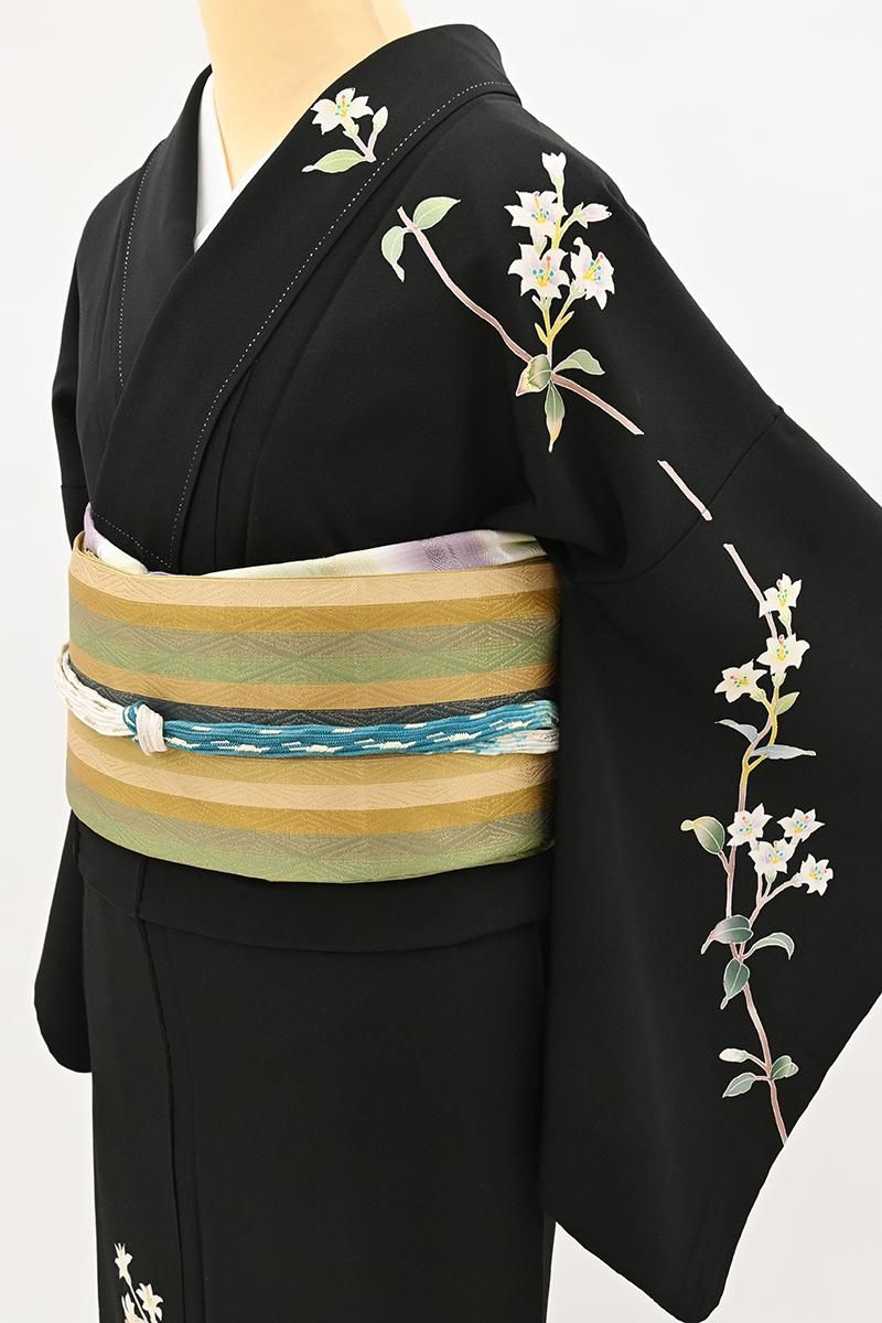 銀座【B-4430】本加賀友禅 南克治作 訪問着 黒色 花の図（落款入