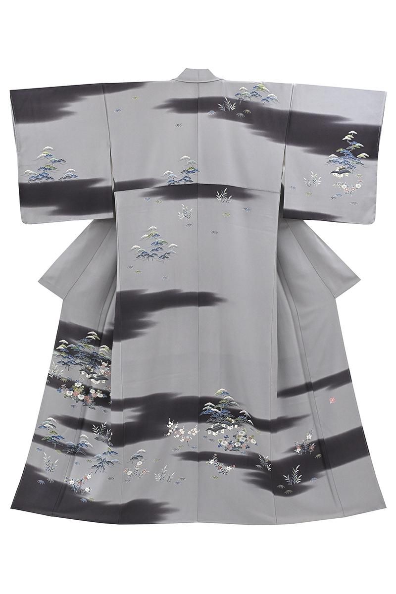 銀座【着物4731】四代目 上野眞作 訪問着 銀鼠色 風景図（落款入