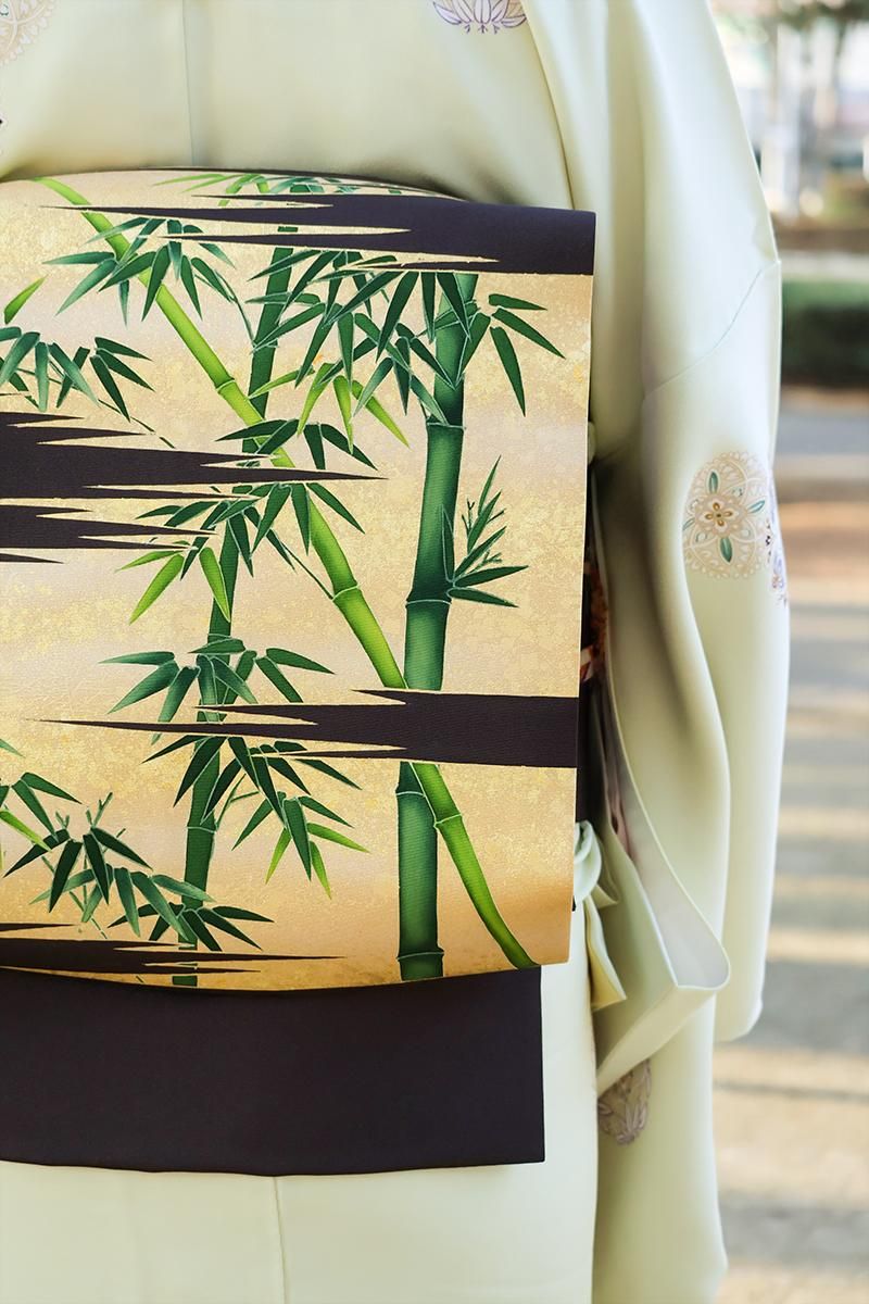 銀座【帯5932】一富司製 塩瀬地 染名古屋帯 檳榔子染色 霞に竹の図