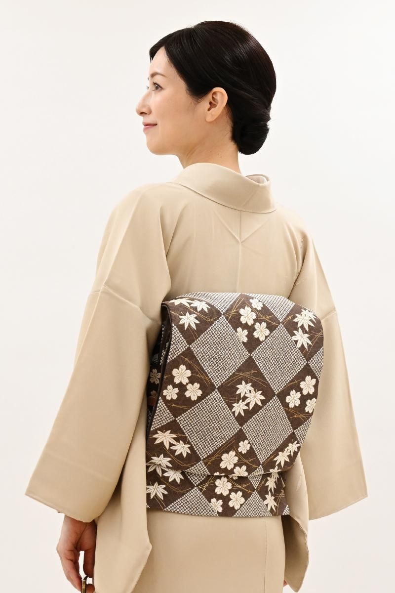 銀座【L-8679】西陣 織楽浅野製 袋帯 煤竹色 菱に桜楓文 - 銀座きもの