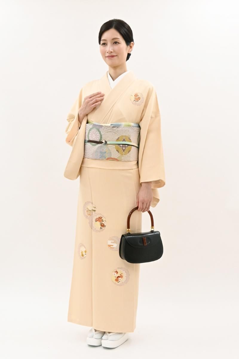 銀座【B-4420】付下げ 蜂蜜色 雪輪に四季花文（反端付）:身丈158/裄68